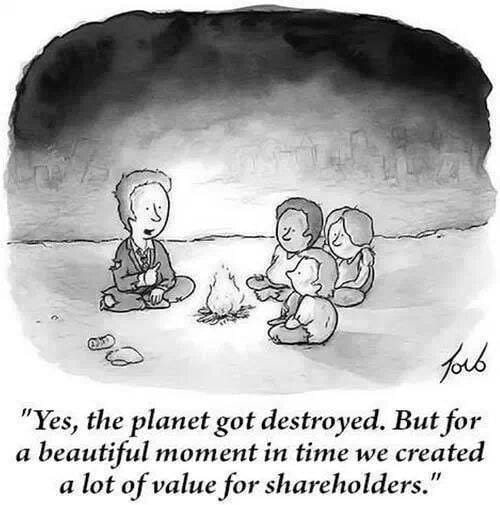 Cartoon with a man in a tattered suit telling a story to a group of children around a fire. The caption says "Yes, the planet got destroyed. But for a beautiful moment in time we created a lot of value for shareholders."